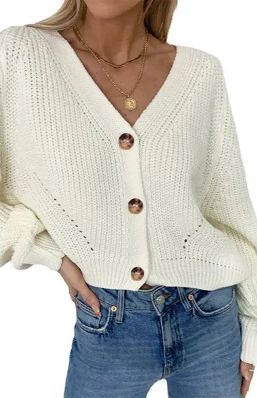 Lantern Sleeve Button  Women Cardigan Sweater