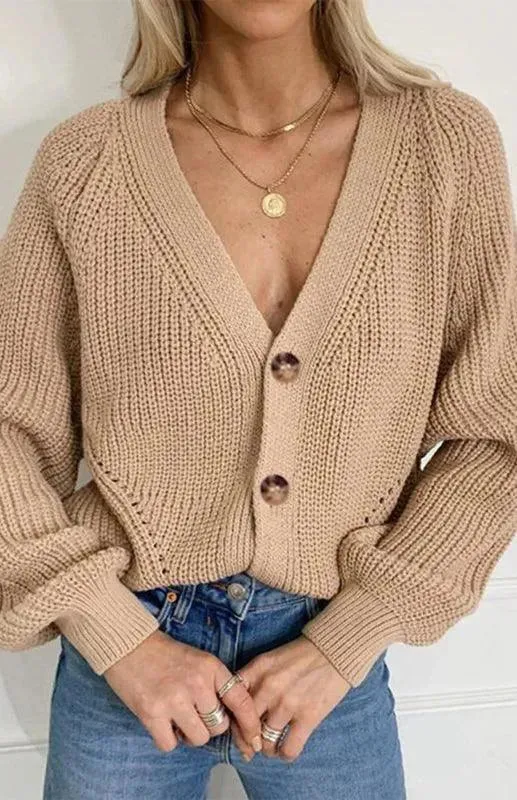 Lantern Sleeve Button  Women Cardigan Sweater