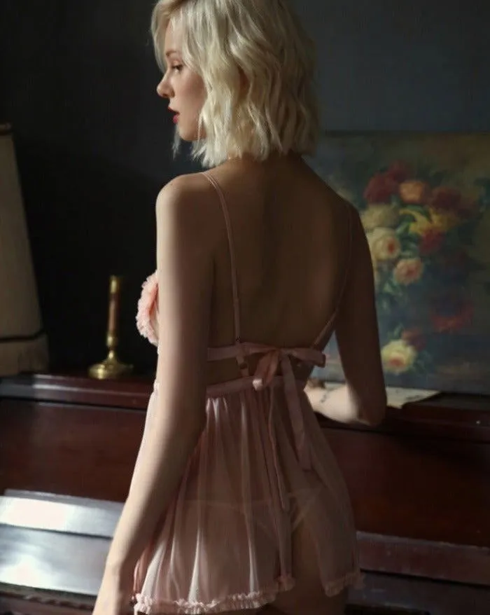 Pink Thin Sexy Backless Night Dress with Panty