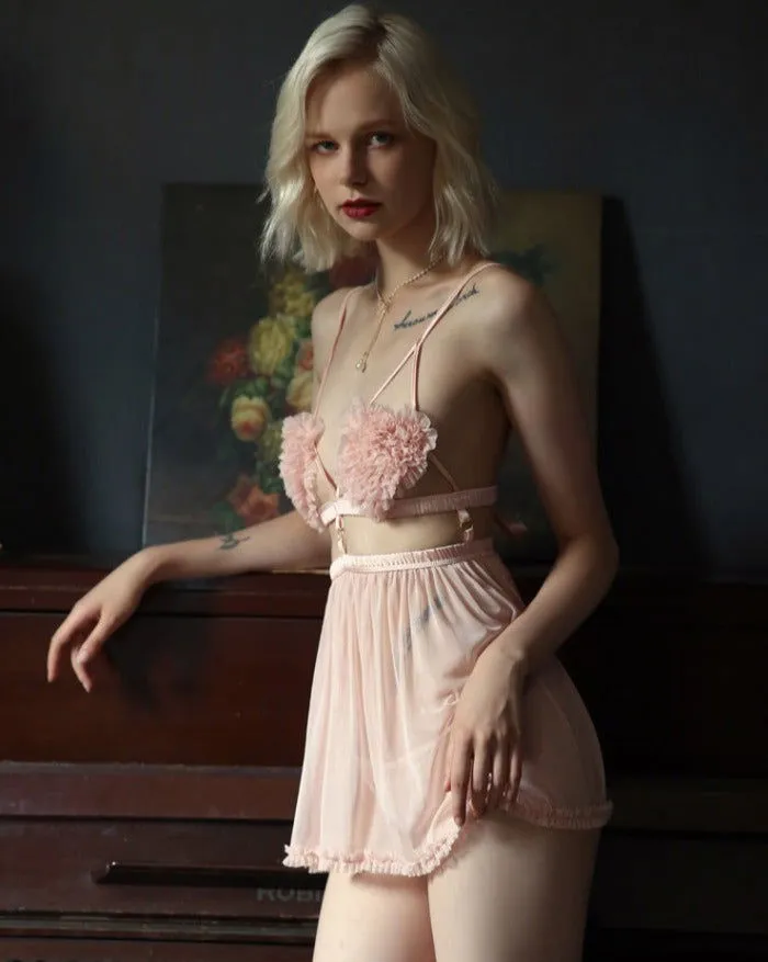 Pink Thin Sexy Backless Night Dress with Panty