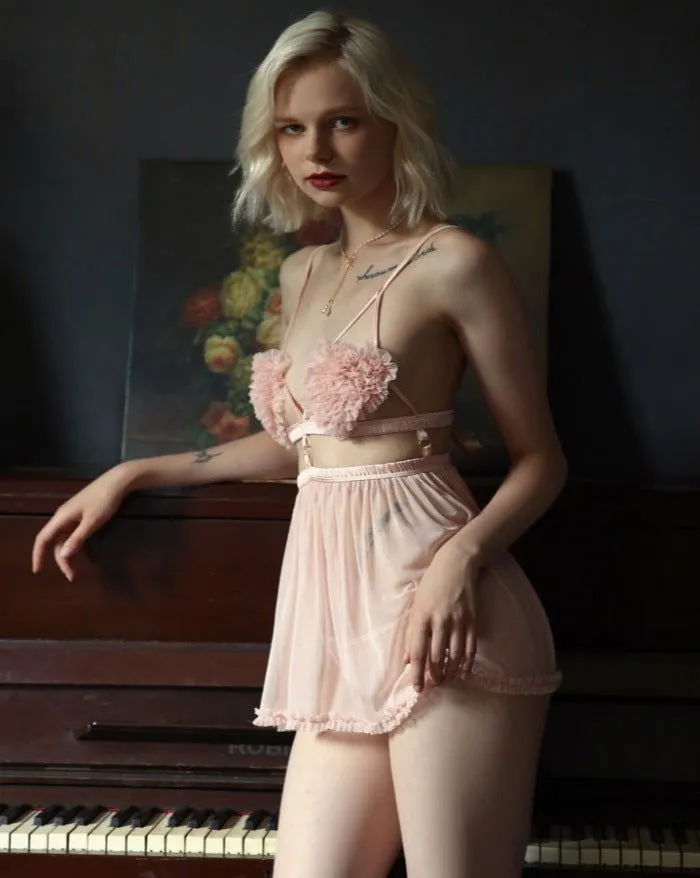 Pink Thin Sexy Backless Night Dress with Panty