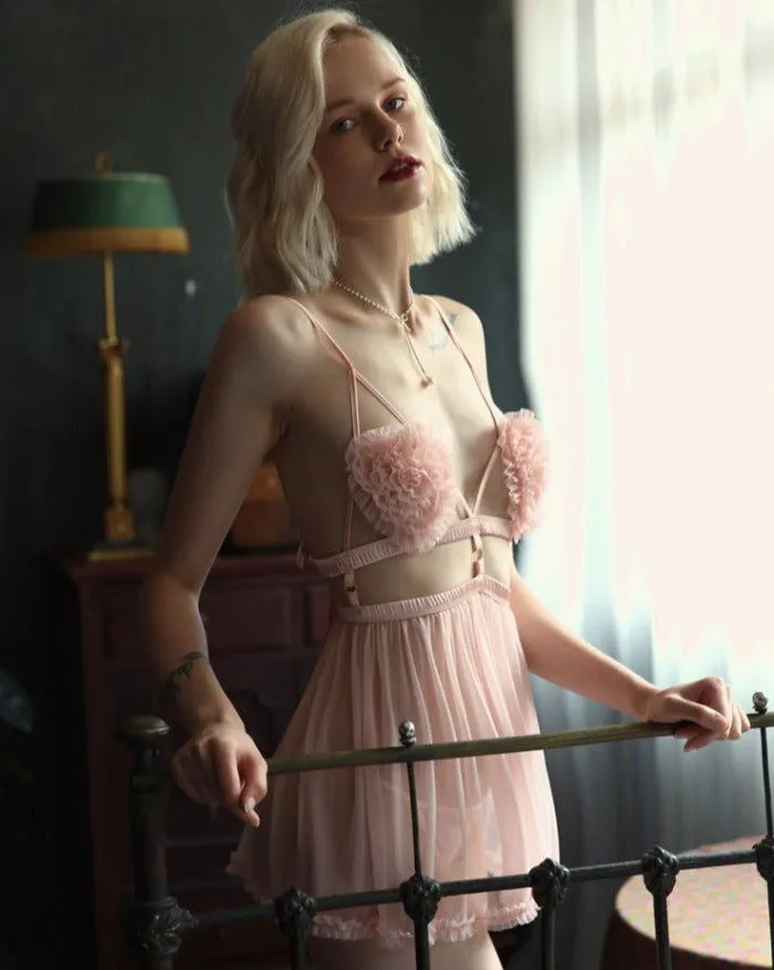 Pink Thin Sexy Backless Night Dress with Panty