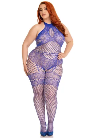 Plus Size Seemless Industrial Net Halter Bodystocking. Faux Lace Detail