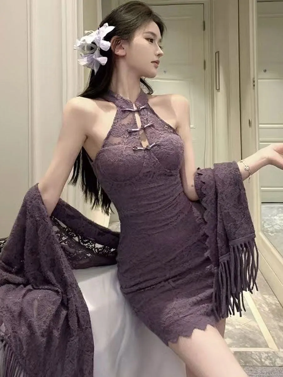 Purple Lace Cheongsam Dress w/ Shawl