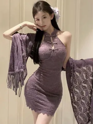 Purple Lace Cheongsam Dress w/ Shawl