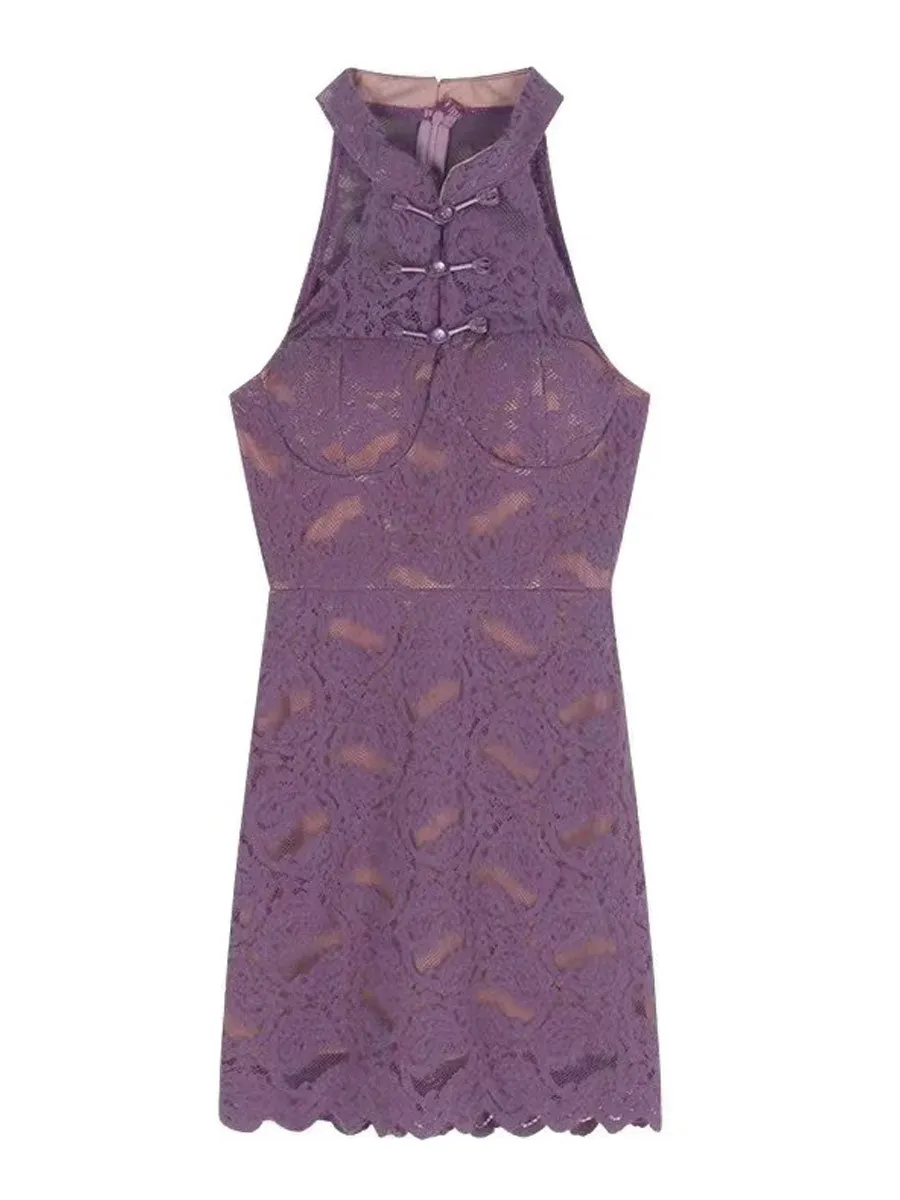 Purple Lace Cheongsam Dress w/ Shawl