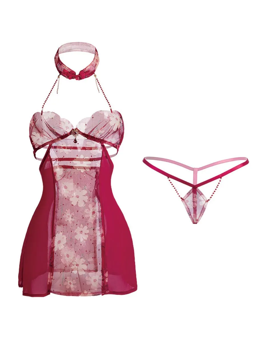 Red Floral Chinese Style Babydoll Dress