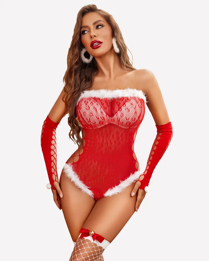 Santa Fishnet Teddy with Gloves