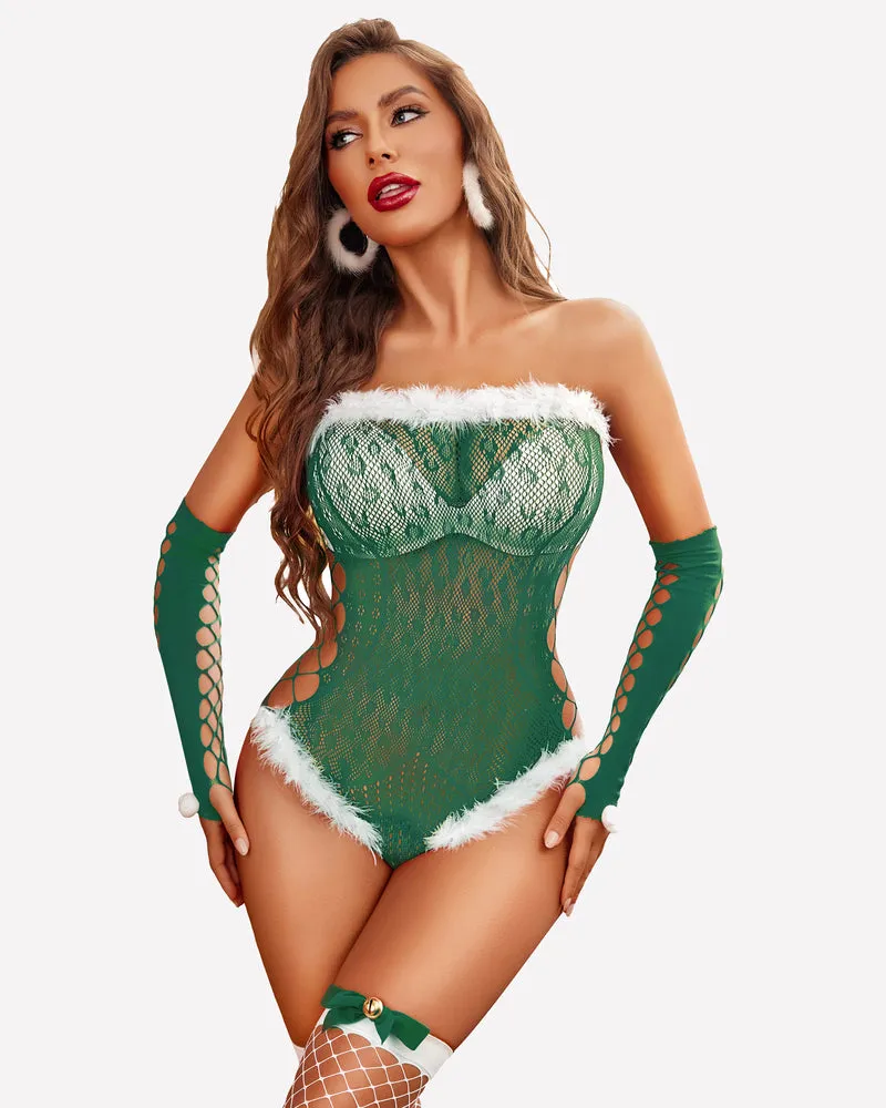 Santa Fishnet Teddy with Gloves