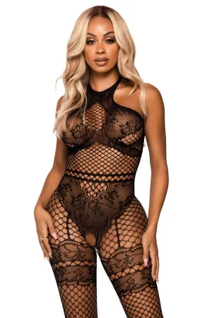 Seemless Industrial Net Halter Bodystocking. Faux Lace Detail