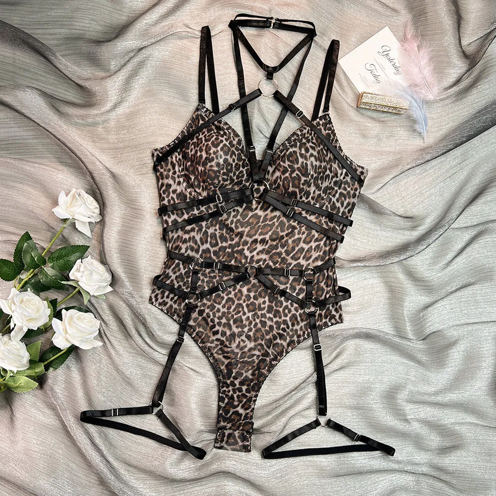 Strappy Leopard Bodysuit Sexy Mesh Snap Crotch Teddy Set Halter Straps Harness