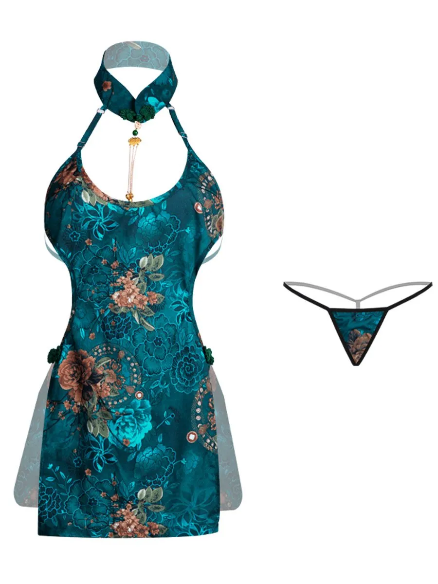 Teal Blue Floral Cheongsam Dress