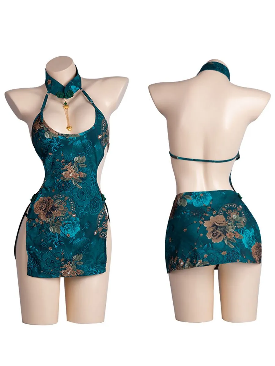 Teal Blue Floral Cheongsam Dress
