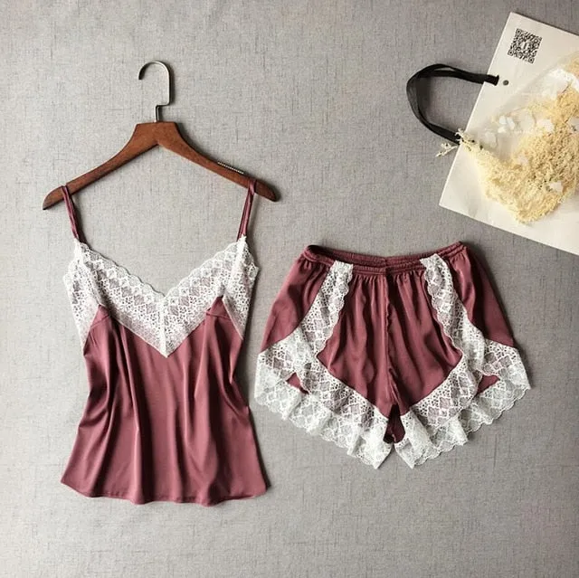 VLENATLNO Women's Sleepwear Sexy Satin Pajama Set White Lace V-Neck Pyjamas Sleeveless Cute Cami Top and Shorts