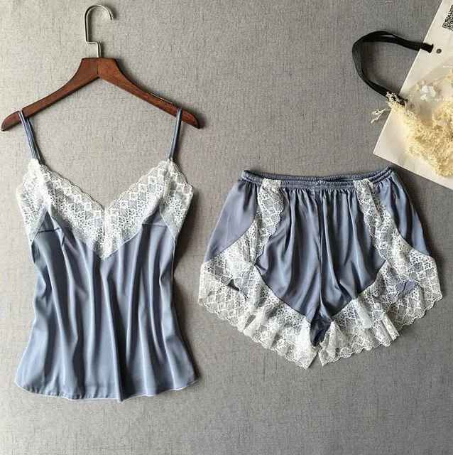 VLENATLNO Women's Sleepwear Sexy Satin Pajama Set White Lace V-Neck Pyjamas Sleeveless Cute Cami Top and Shorts