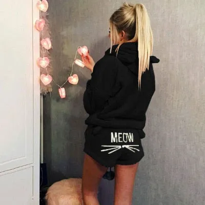 Women Coral Velvet Pajamas Set Autumn Winter Warm Pajamas Two Piece Set Sleepwear Cute Cat Meow Pattern Hoodies Shorts Set 5XL