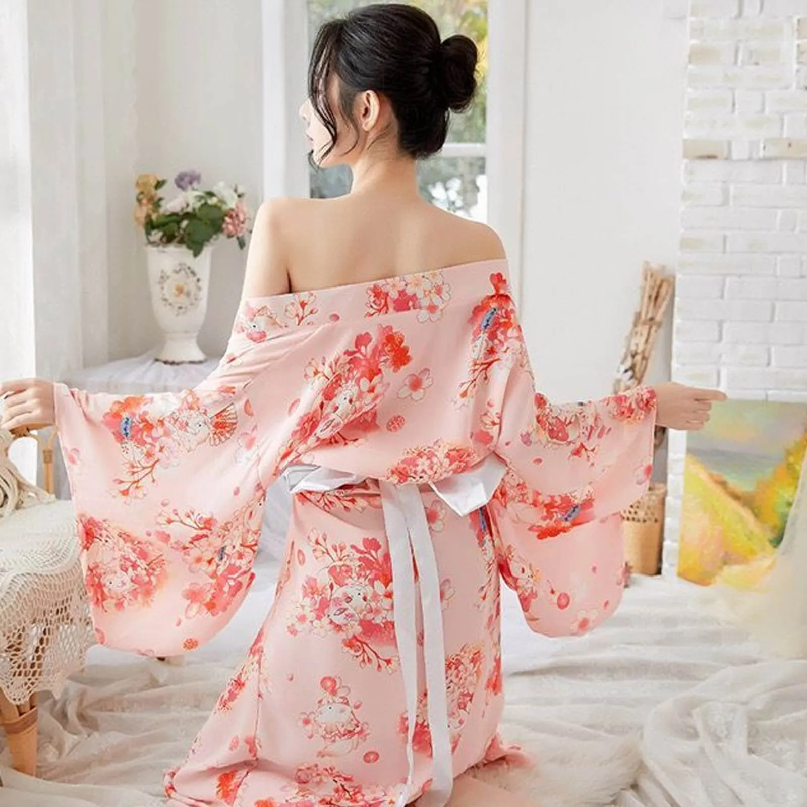 Yomorio Traditional Japanese Kimono Robe Floral Printed Long Yukata Costumes Pajamas