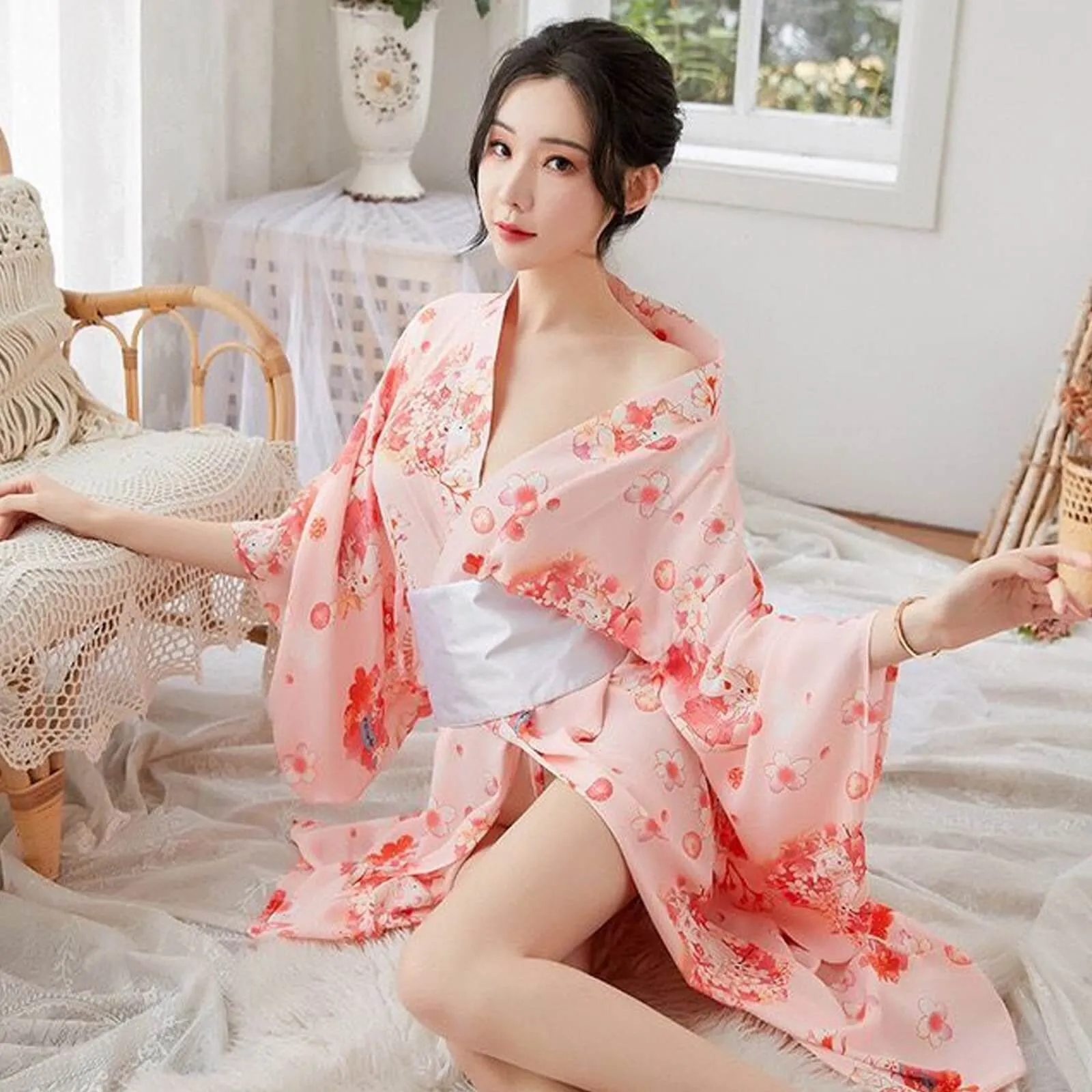 Yomorio Traditional Japanese Kimono Robe Floral Printed Long Yukata Costumes Pajamas