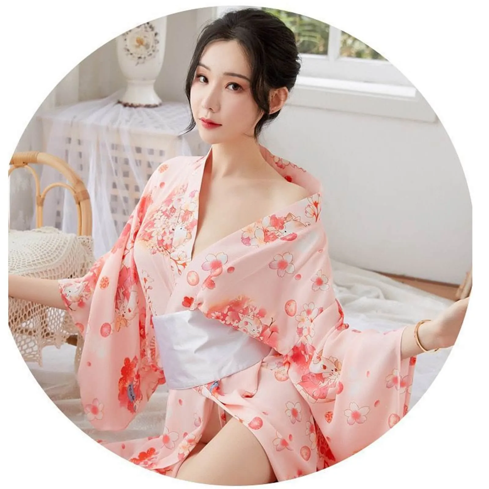 Yomorio Traditional Japanese Kimono Robe Floral Printed Long Yukata Costumes Pajamas