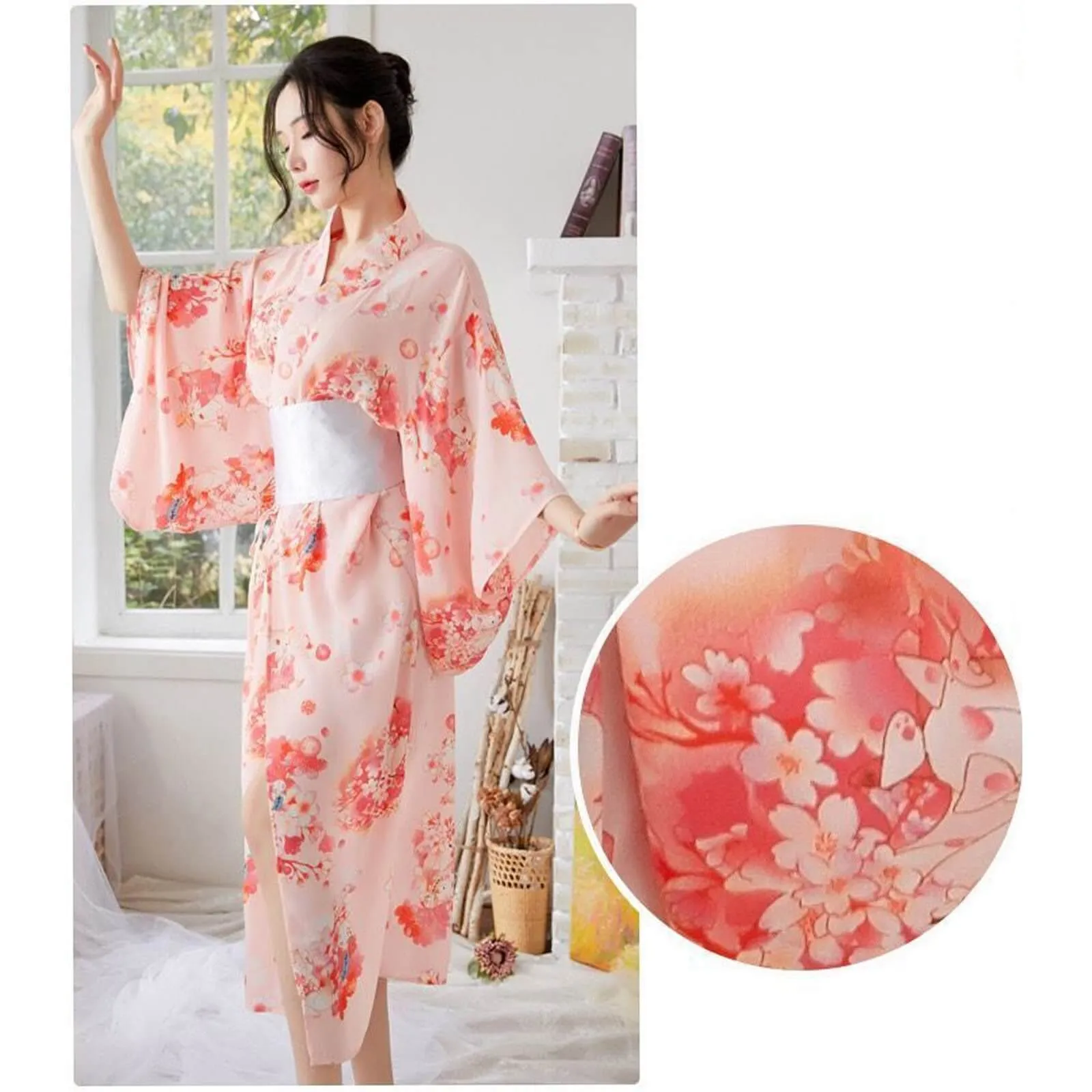 Yomorio Traditional Japanese Kimono Robe Floral Printed Long Yukata Costumes Pajamas