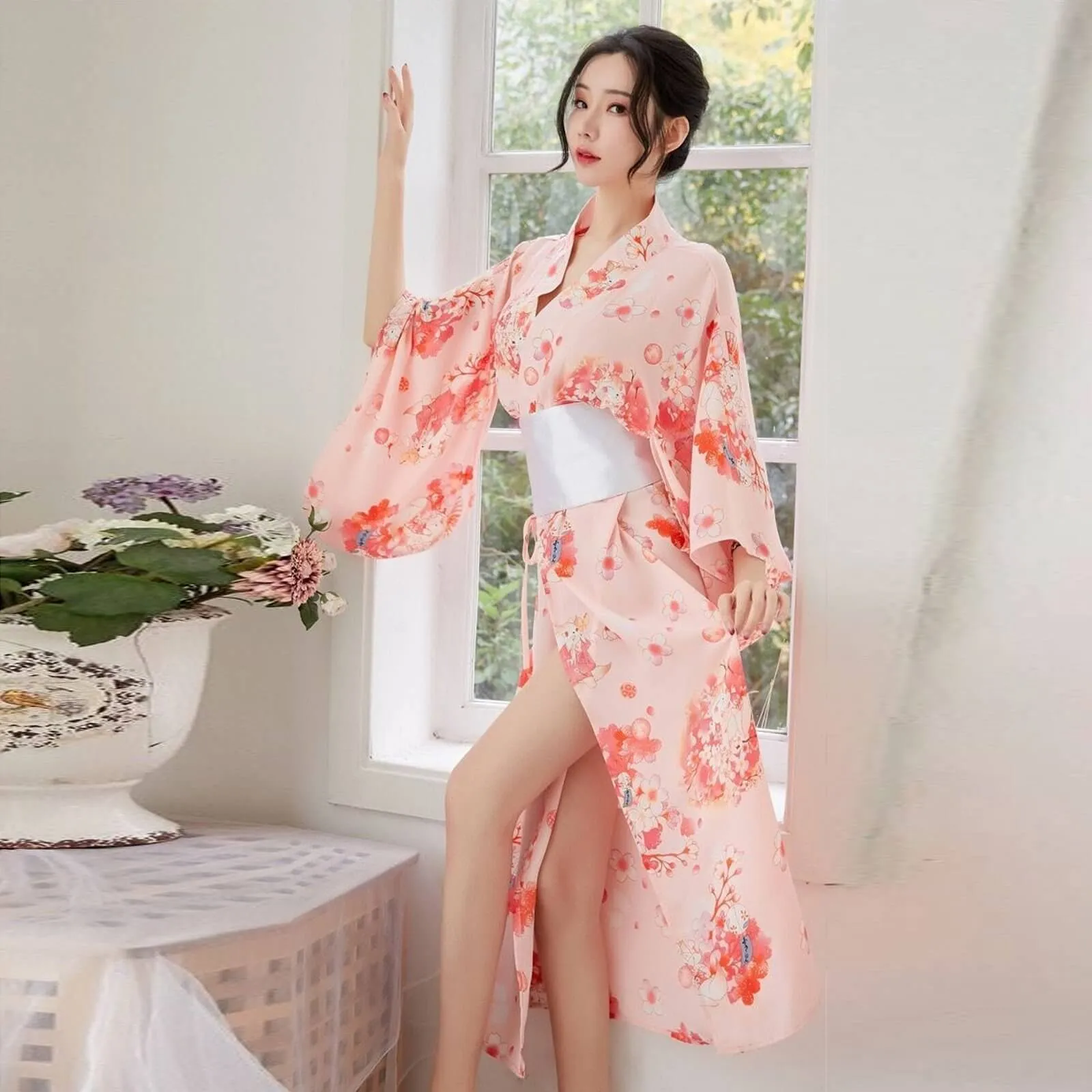 Yomorio Traditional Japanese Kimono Robe Floral Printed Long Yukata Costumes Pajamas