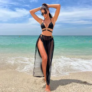 Yomorio Women's 3 Piece Bikini Set Black Strappy Swimsuit with Sheer Mesh Skirt Cover Ups