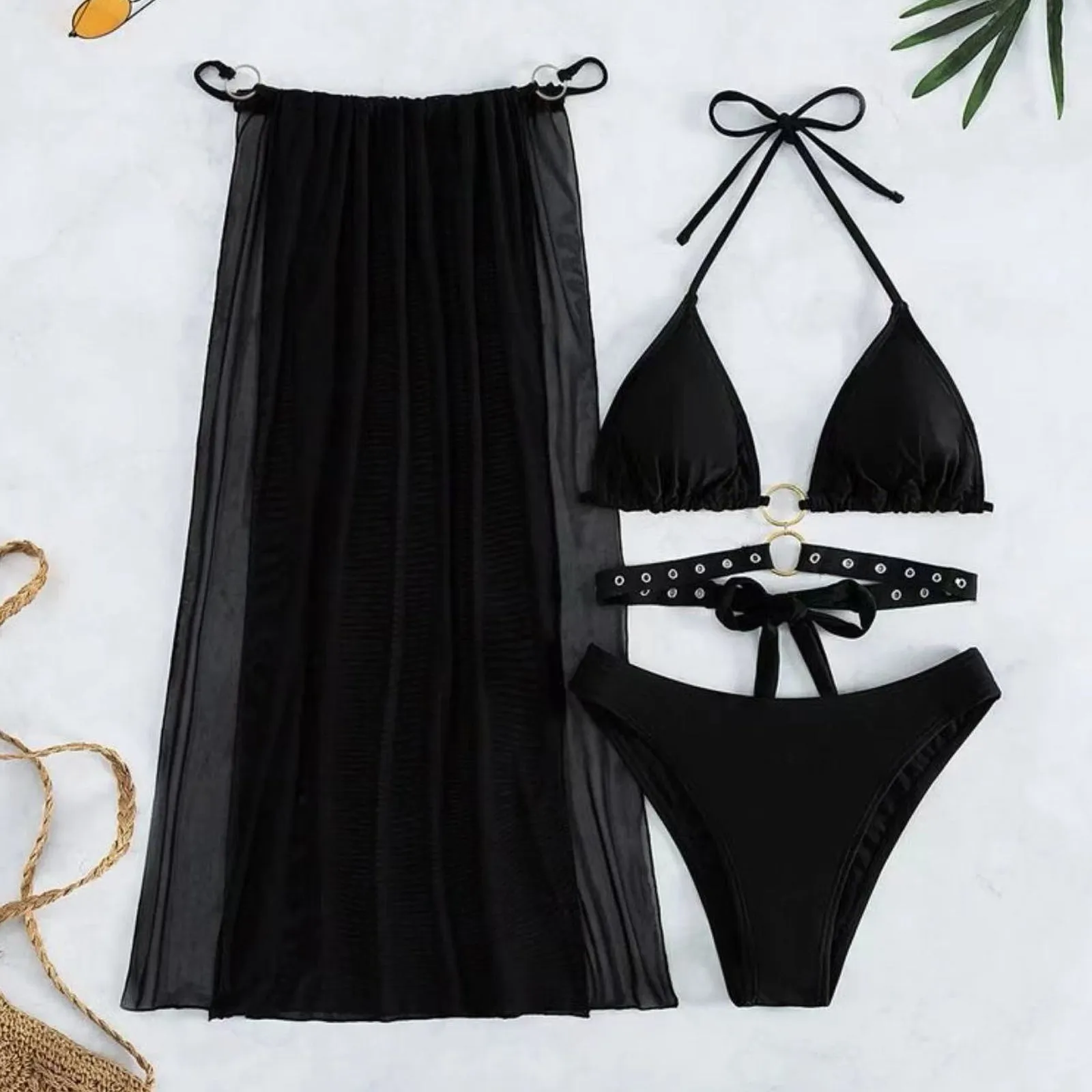 Yomorio Women's 3 Piece Bikini Set Black Strappy Swimsuit with Sheer Mesh Skirt Cover Ups