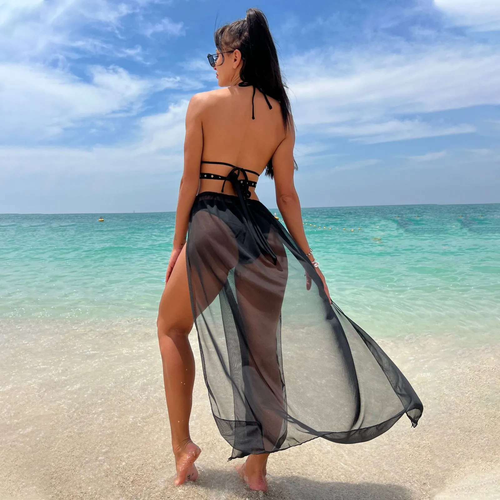 Yomorio Women's 3 Piece Bikini Set Black Strappy Swimsuit with Sheer Mesh Skirt Cover Ups